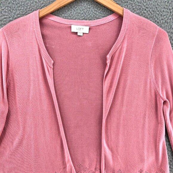 LOFT Sweater Womens Medium Pink Knit Cardigan Long Sleeve Lace Scalloped Stretch - Picture 2 of 9